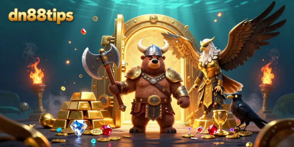 Engage in thrilling gaming escapades with dn88tips illustrated by vibrant Viking and mythical elements.