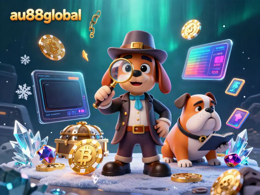 Join the adventure with au88global as our cartoon detective discovers winning poker chips amidst glowing coins!