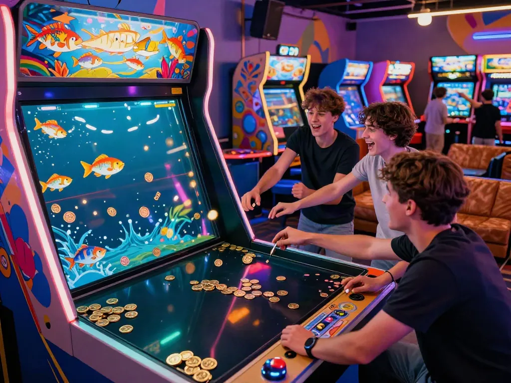 A group enjoying lại là Bắn cá đổi thưởng in a colorful arcade environment.