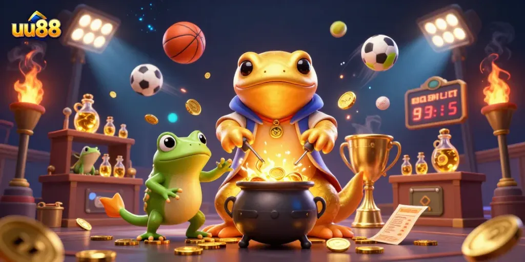 uu88 showcases a dynamic scene with gaming elements, featuring a golden salamander alchemist and sports betting excitement.
