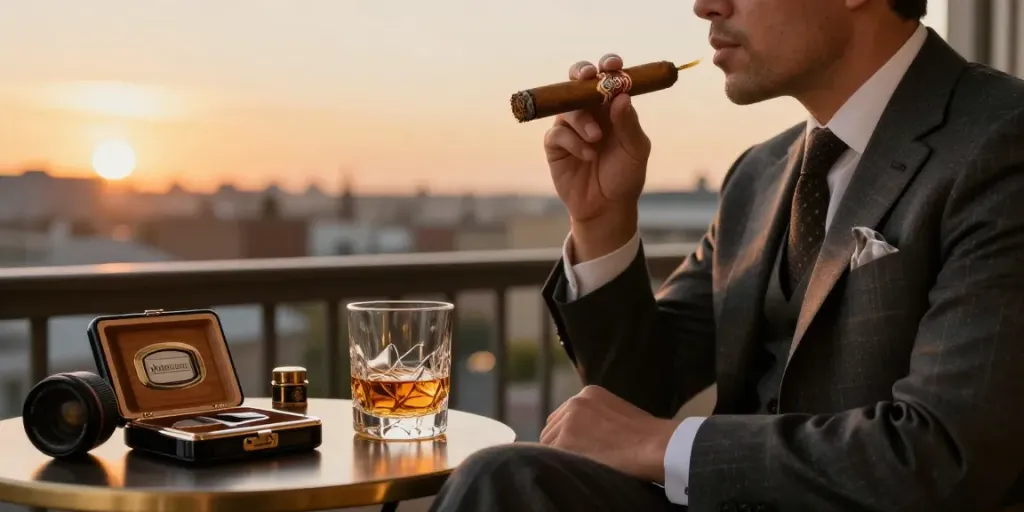 Montecristo Zigarren genießen auf einem gemütlichen Balkon mit Whiskey und Humidor.