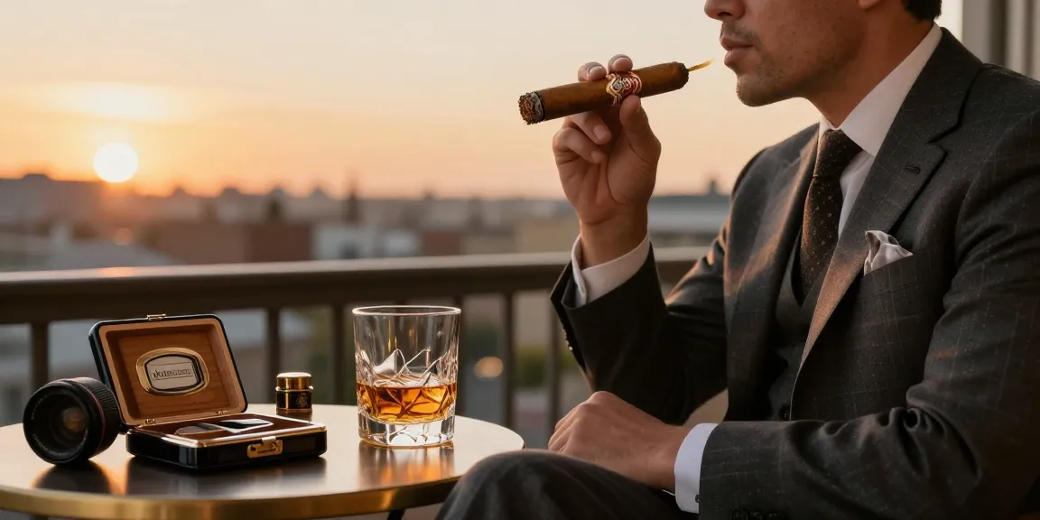 Montecristo Zigarren genießen auf einem gemütlichen Balkon mit Whiskey und Humidor.