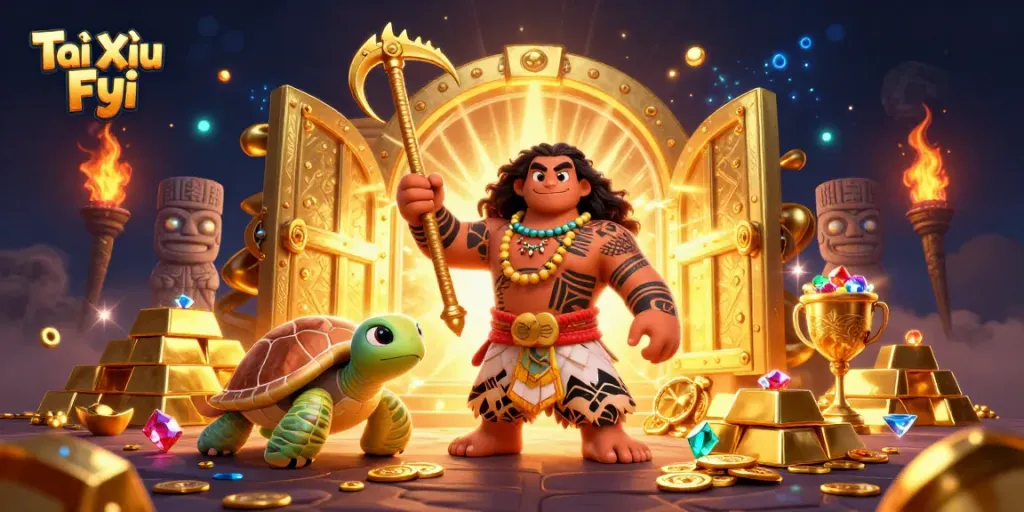 Tài Xỉu Fyi showcases exciting gameplay with a vibrant Polynesian scene featuring treasure and winning elements.