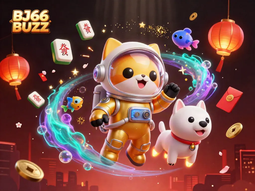 Engage with BJ66 BUZZ in a dynamic 3D illustration featuring space-themed characters and lucky symbols.