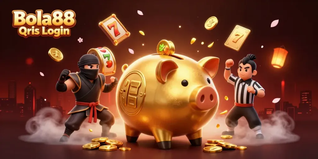 Discover vibrant gaming action with Bola88 Qris Login in this exciting casino-themed illustration.