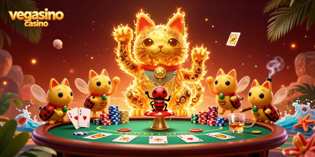 Experience the excitement of vegasino casino with golden fireflies and rich poker elements.