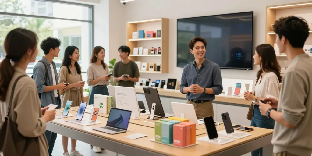 A diverse team engaging with innovative Produkte in a bright retail space, showcasing a friendly shopping experience.