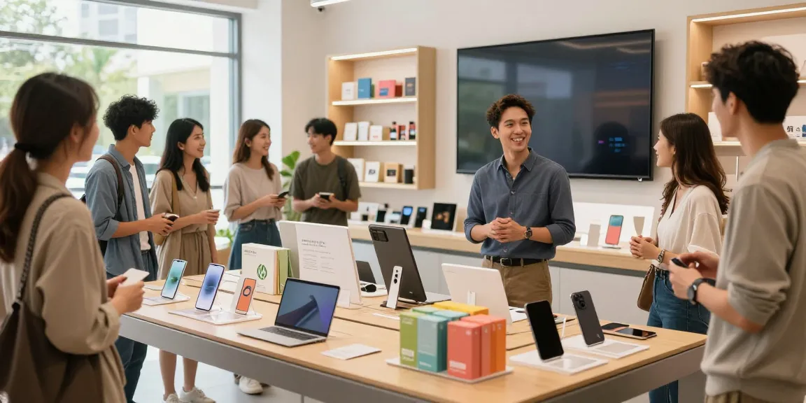 A diverse team engaging with innovative Produkte in a bright retail space, showcasing a friendly shopping experience.
