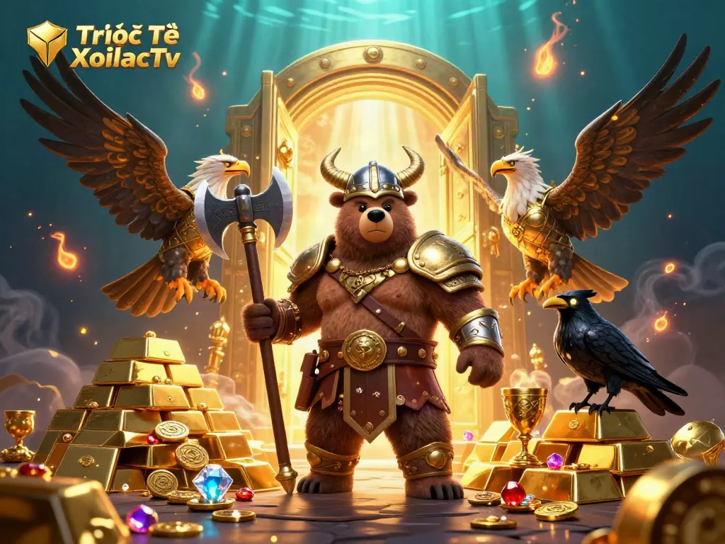 Experience Trực Tiếp XoilacTv with a thrilling 3D illustration of a Viking bear and Valkyrie eagle amidst treasures.