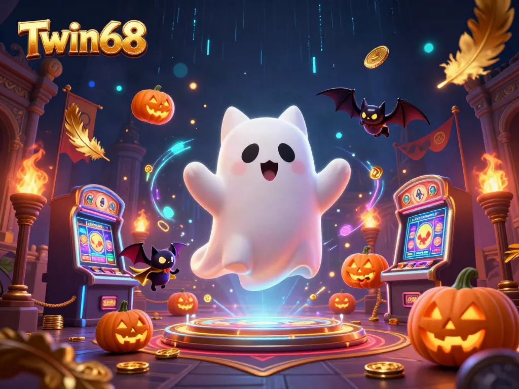 Engage with Twin68's haunted casino scene featuring a ghost cat, vampire bat, and glowing poker pumpkins.