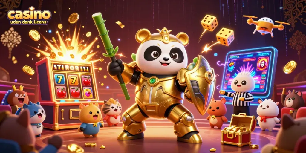 Experience thrilling action at a casino uden dansk licens with a golden panda battling in a vibrant arena.
