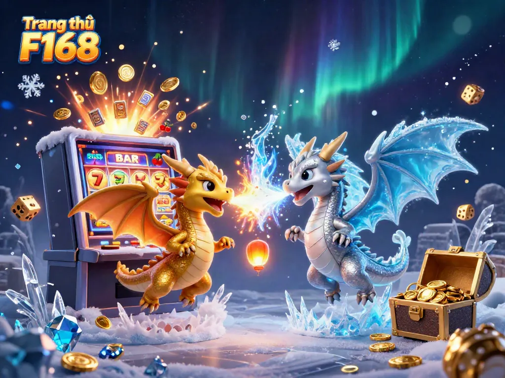 Experience exciting gaming on Trang chủ F168 with cartoon dragons in a dynamic casino illustration.