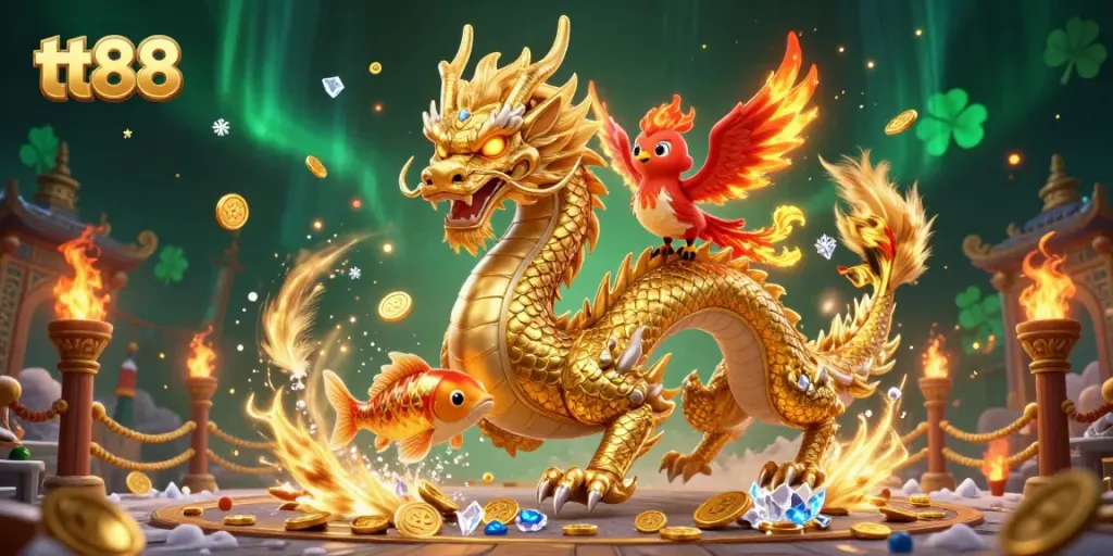 Experience thrilling gameplay with tt88 in this vibrant and dynamic casino scene filled with golden coins and mythical creatures.