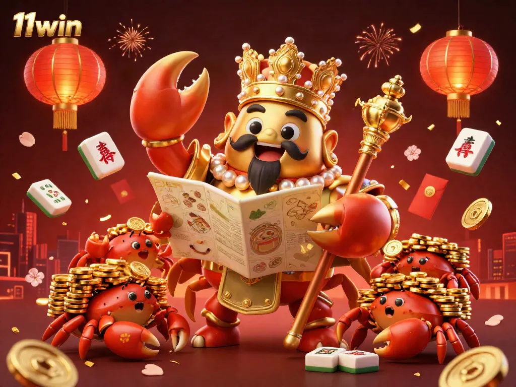 Experience vibrant gaming action with 11win's dramatic golden crab emperor amidst floating prizes and casino elements.
