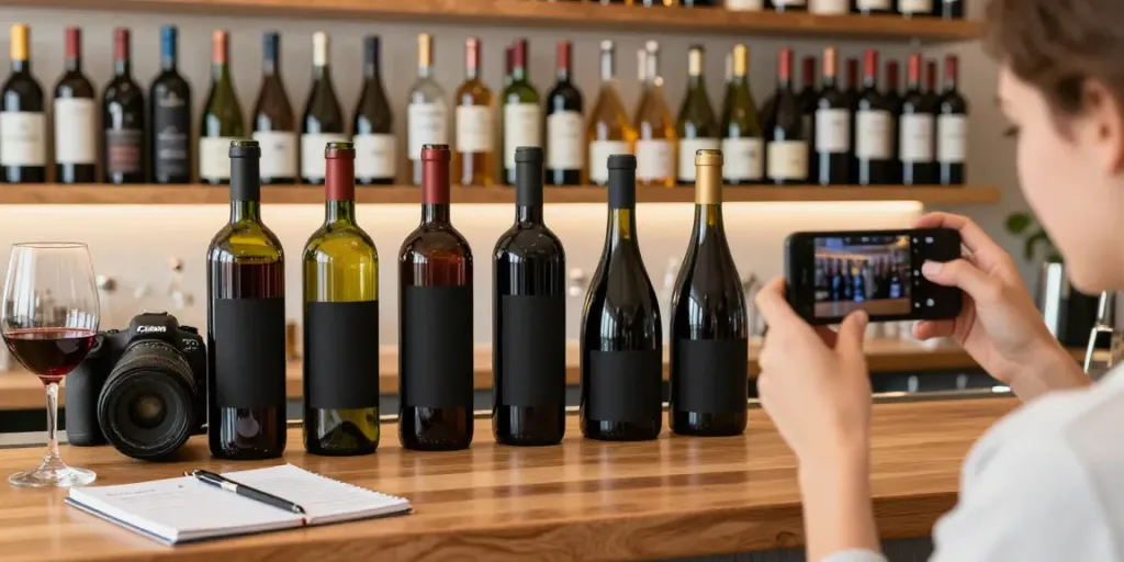 Die Wein App - Person fotografiert Weinflaschen in stilvoller Hausbar.