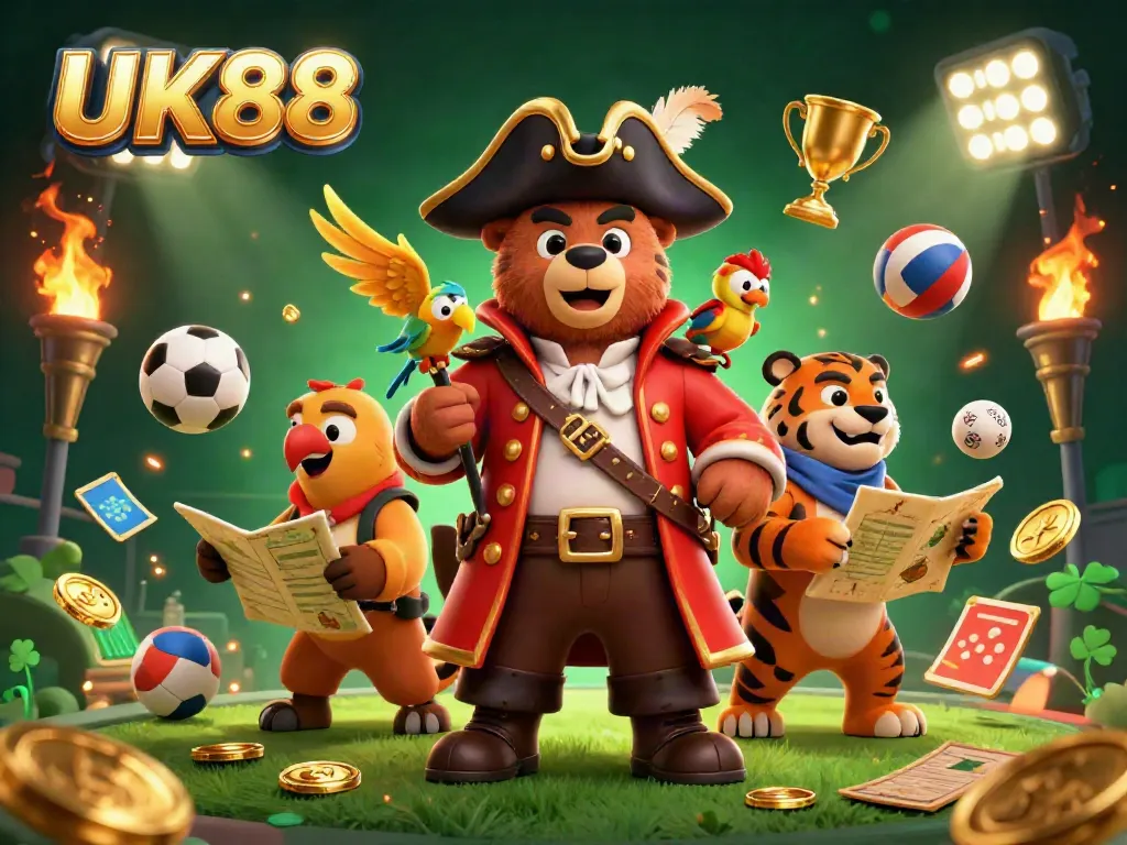Engage with thrilling sports betting at UK88 featuring vibrant characters and dynamic sports elements.