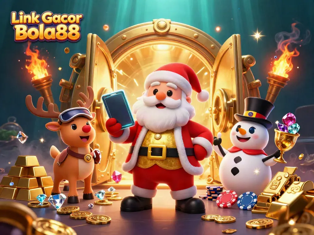 Experience the excitement of Link Gacor Bola88 with festive characters celebrating jackpot wins at the casino.
