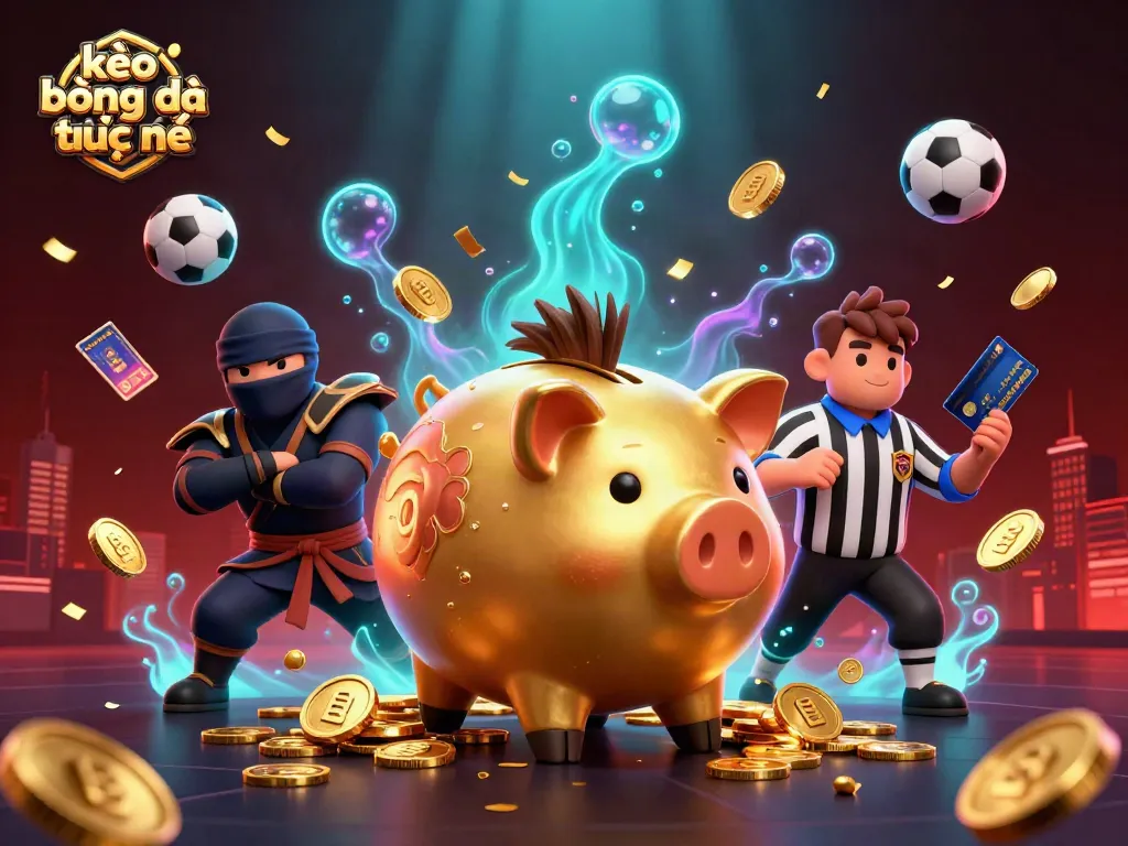 Engage in kèo bóng đá trực tuyến with an action-packed scene of a golden piggy bank wrestler, opposing ninja, and referee amidst sports betting elements.
