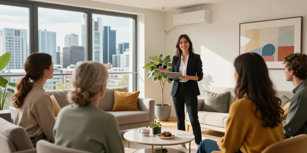 Der beste Immobilienmakler Frankfurt präsentiert eine stilvolle Wohnung in Frankfurt mit modernen Möbeln und großen Fenstern.