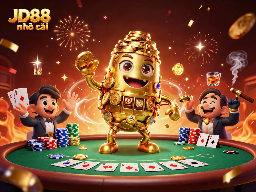 Engaging scene featuring JD88 nhà cái's golden golem amidst vibrant poker elements and party effects.