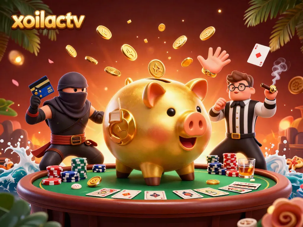 Xoilactv's dynamic casino scene features an enormous golden piggy bank sumo wrestler, coins flying amidst poker elements.