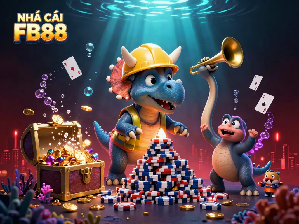Engaging scene illustrating NHÀ CÁI FB88 with a triceratops and parasaurolophus celebrating with poker chips and colorful gems.