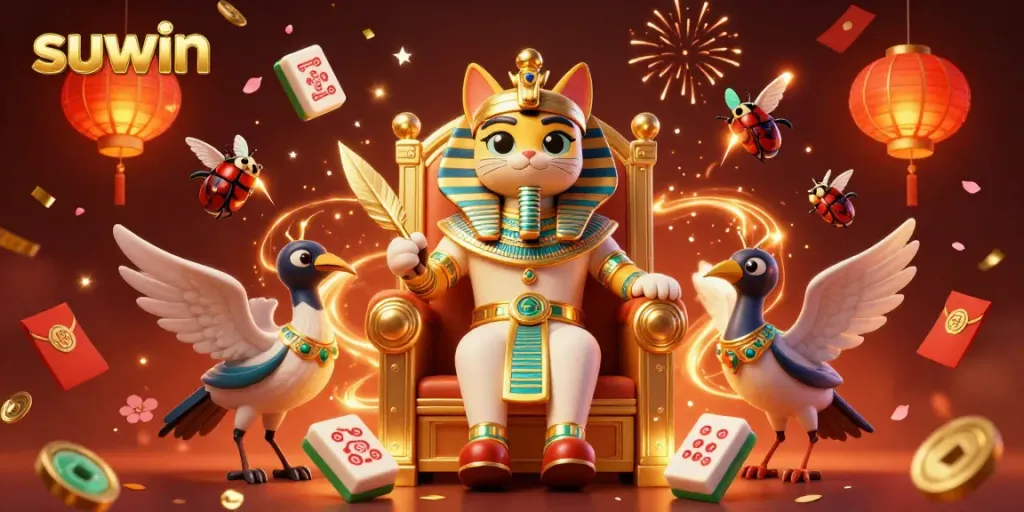 Experience the excitement of suwin with a vibrant 3D casino illustration featuring unique characters and game elements.