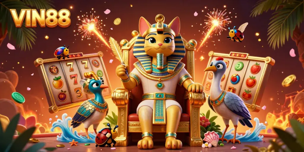 Experience thrilling wins at VIN88 with a vibrant 3D illustration featuring a pharaoh cat, dazzling jackpots, and dynamic gaming elements.