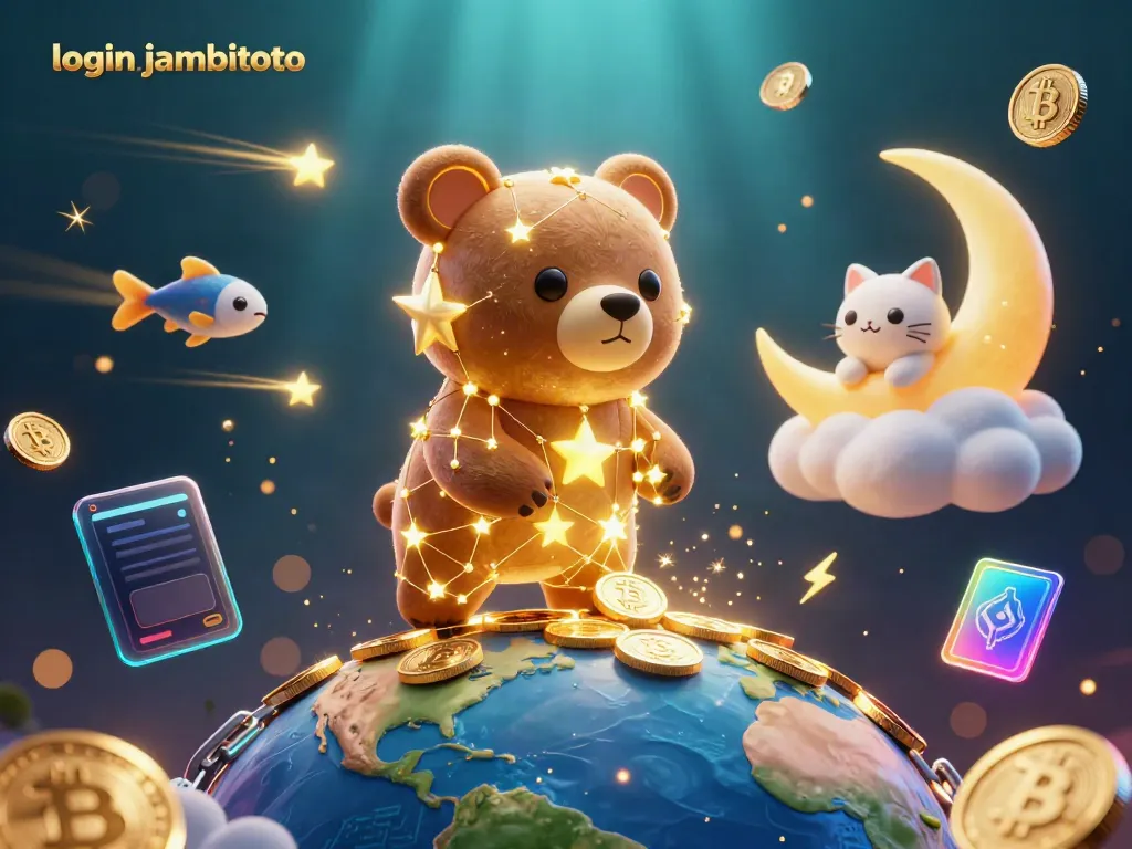 Engage with login jambitoto, as a constellation bear dives for coins amid cryptocurrency and casino elements.