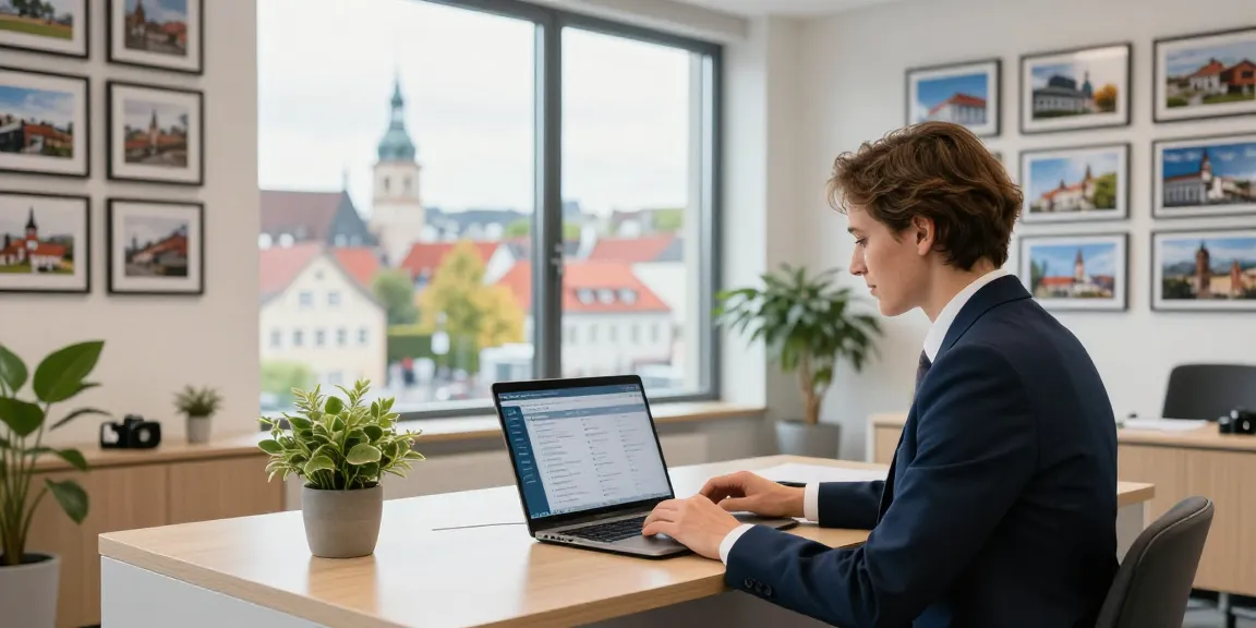 Professioneller Immobilienmakler Reutlingen in modernem Büro mit Stadtansicht und stilvollem Schreibtisch.