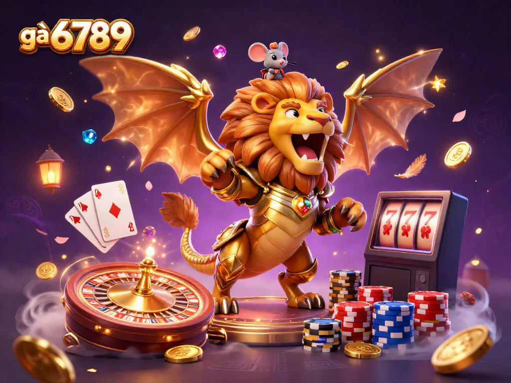 Engage with thrilling gameplay at gà 6789, featuring a chimera and mouse jockey in a rich casino scene.