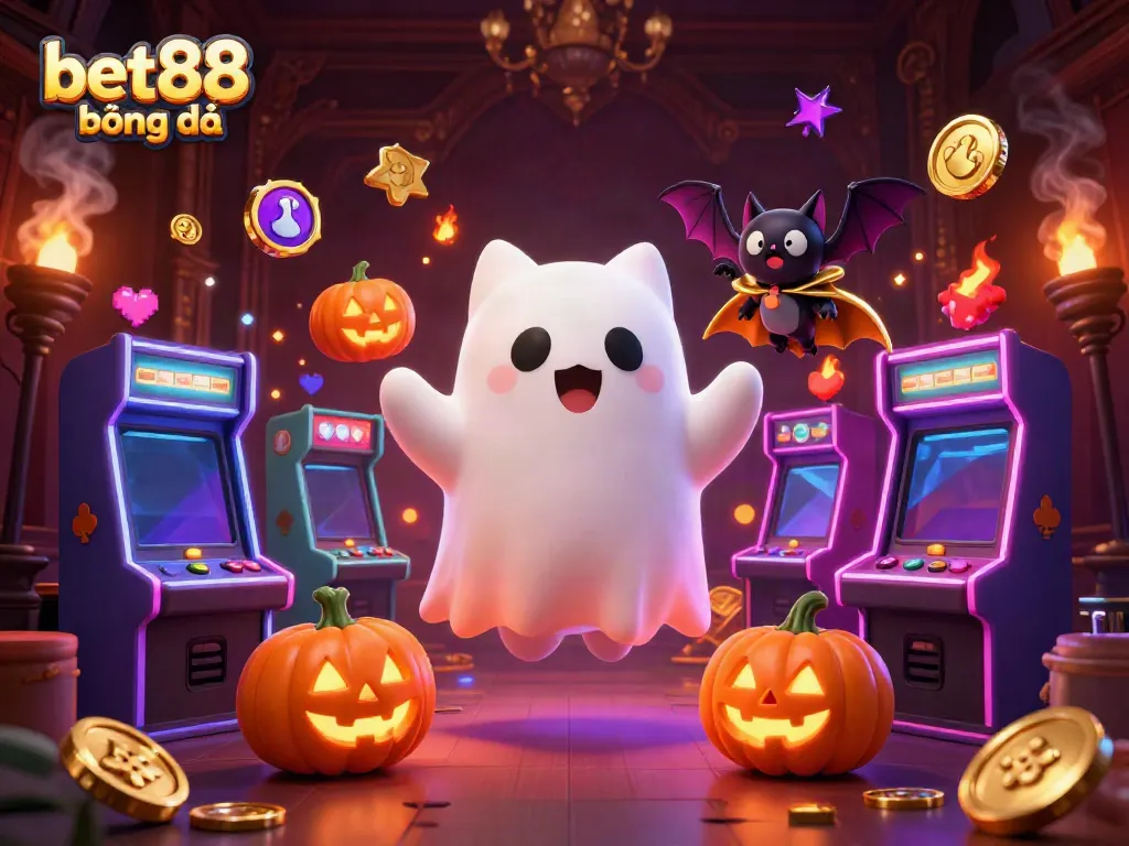 Experience bet88 bóng đá with a lively illustration of a ghost cat and bat in a casino setting.