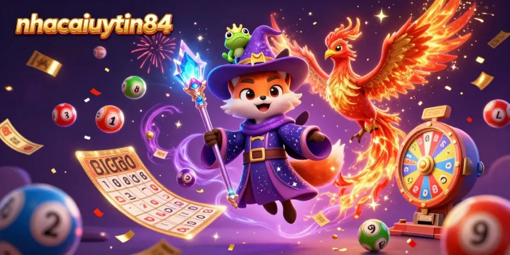 Experience thrilling wins with nhacaiuytin84 as a mystical fox wizard guides you through a vibrant casino.