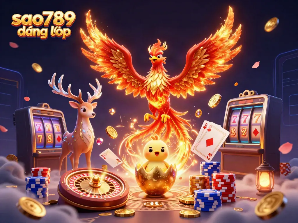 Sao789 đăng nhập with the vibrant phoenix symbolism, showcasing casino elements like coins and roulette.