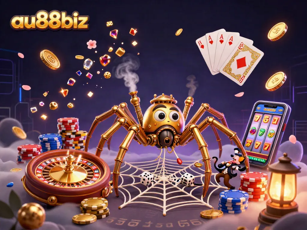 Engage with the excitement at au88biz, featuring a captivating steampunk-style casino scene filled with gold, games, and luck.