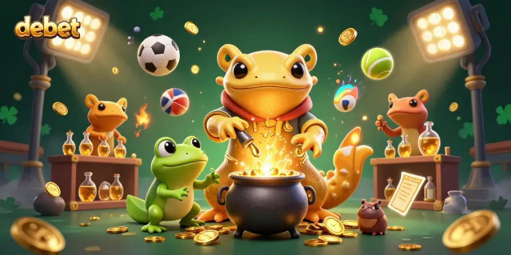 Experience the excitement of debet with a dynamic scene of a golden salamander alchemist amidst golden sports-themed elements.