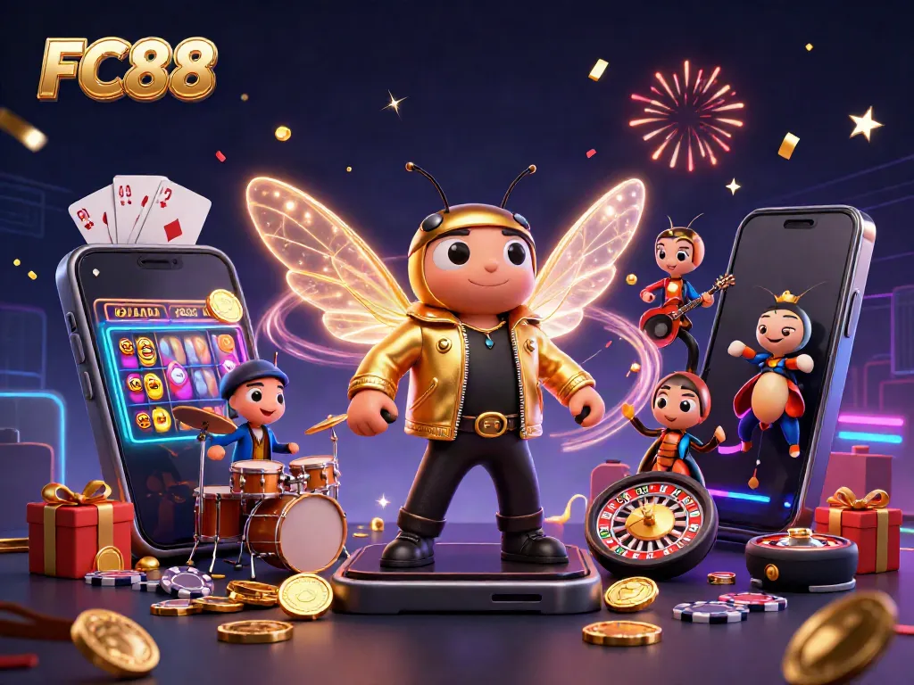 Experience the excitement of FC88 with a vibrant rock concert banner featuring dynamic gambling elements.