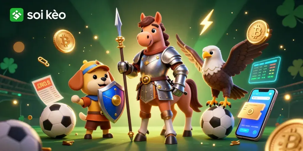 Soi kèo betting action featuring a knight and puppy amidst sports elements and glowing crypto coins.