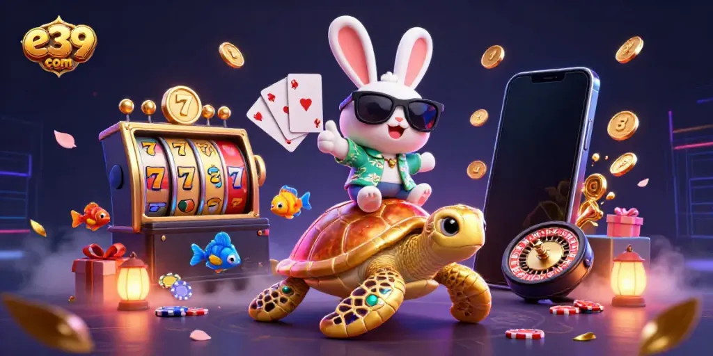 Spin and win with the vibrant 3D casino illustration featuring e39 com characters and dynamic gaming elements.