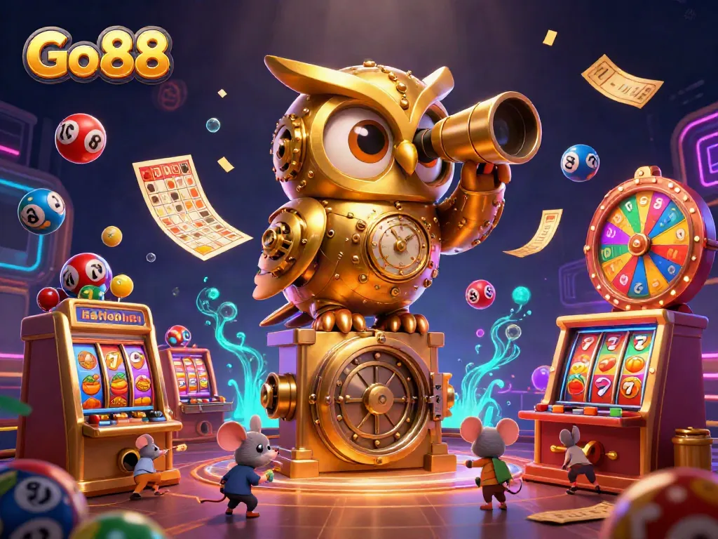 Engage in thrilling casino fun with the Go 88 illustration featuring a vibrant scene of an owl and mice surrounded by games.