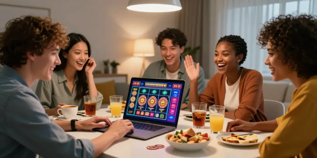 Spieler genießen das Casino itsme Belgique Erlebnis am Laptop mit Snacks und Getränken.