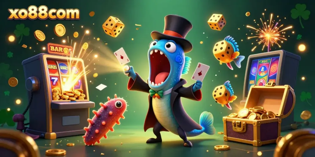 Engage with exciting card tricks and jackpots at xo88com, featuring vibrant animated casino elements.