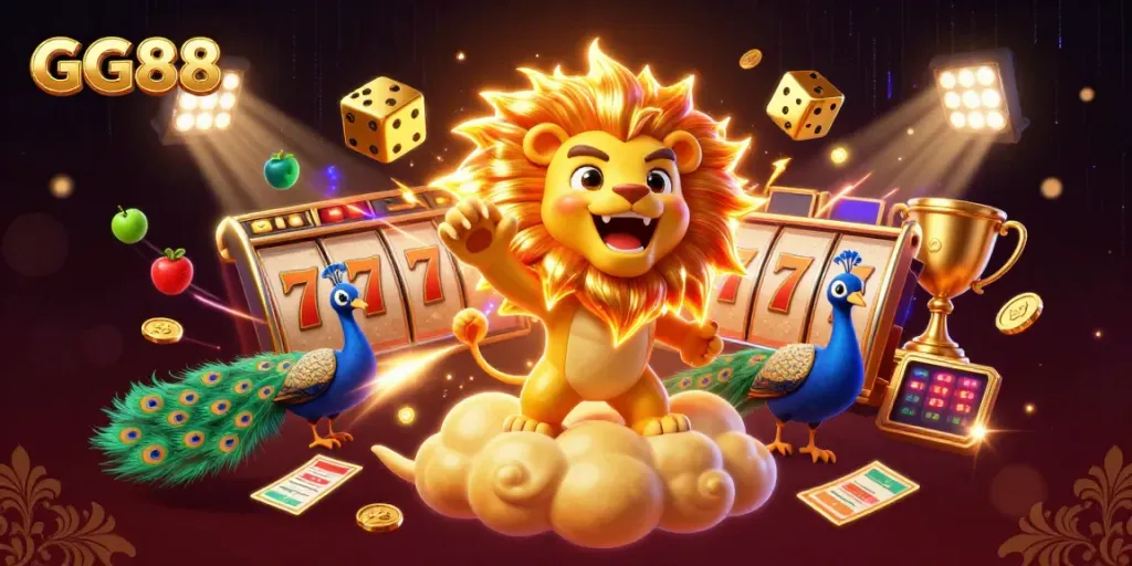 Experience the excitement of GG88 with a 3D lion roaring triumphantly among casino games and golden elements.