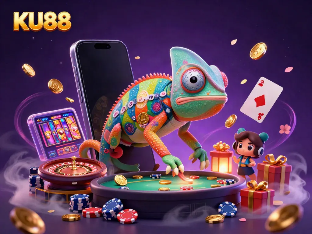 Experience a vibrant scene at KU88 with a chameleon casino owner and dynamic game elements featuring slots and poker.