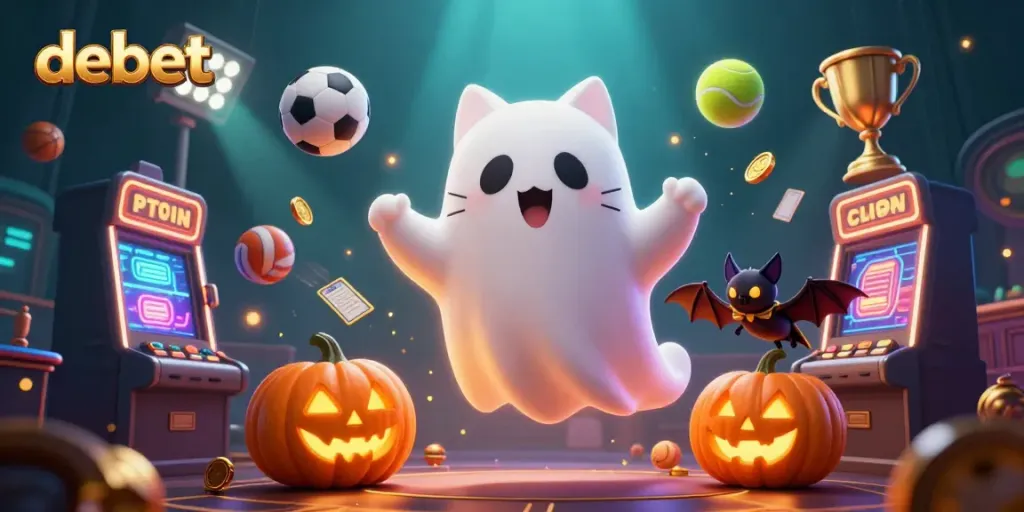 Experience the excitement of debet with ghostly characters in a vibrant casino scene filled with dynamic sports and gaming elements.