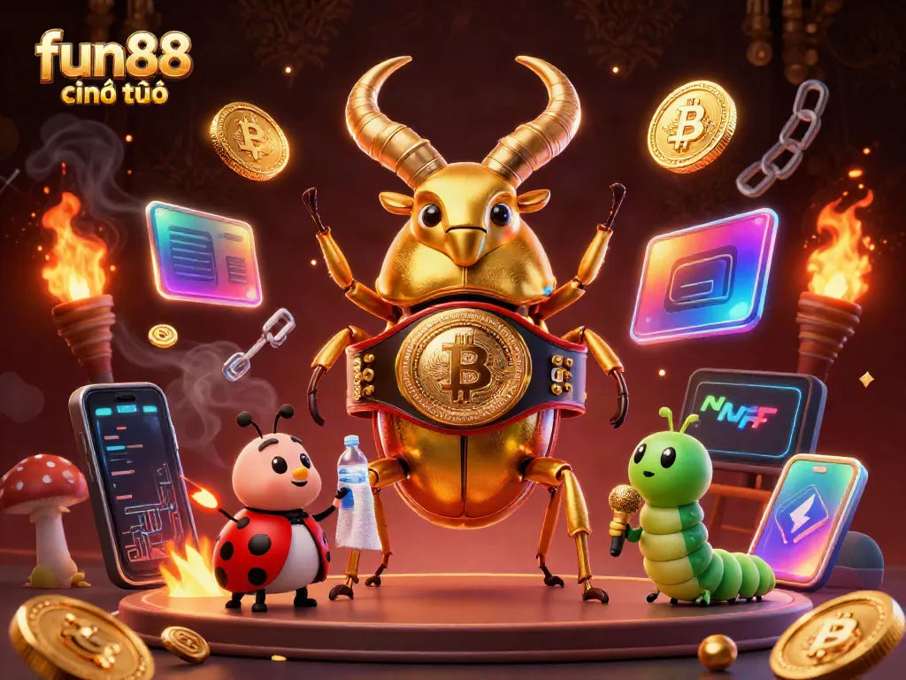 Engage in thrilling gameplay at fun88 chính thức with vibrant characters and glowing cryptocurrency elements.