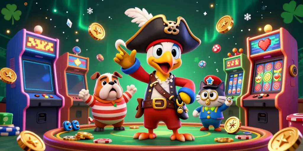 CWIN showcases a vibrant 3D casino scene with a pirate captain, bulldog, and cat navigating colorful gambling machines.
