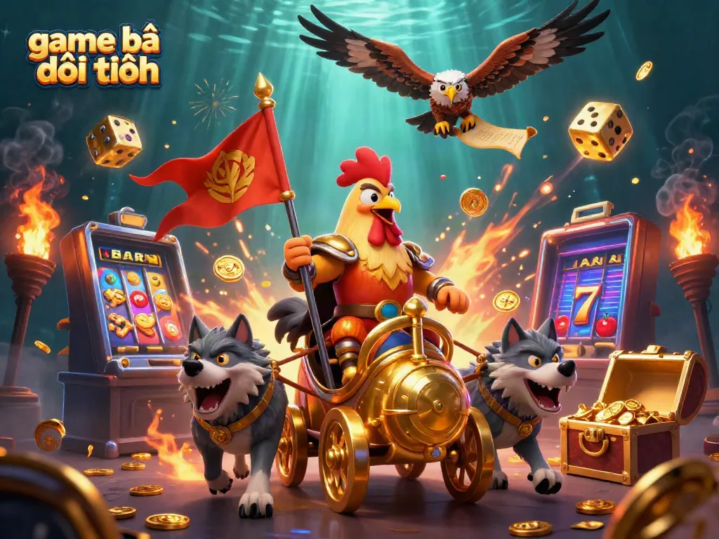 Experience the thrill of game bài đổi thưởng with a dynamic casino scene featuring a rooster warlord and golden elements.
