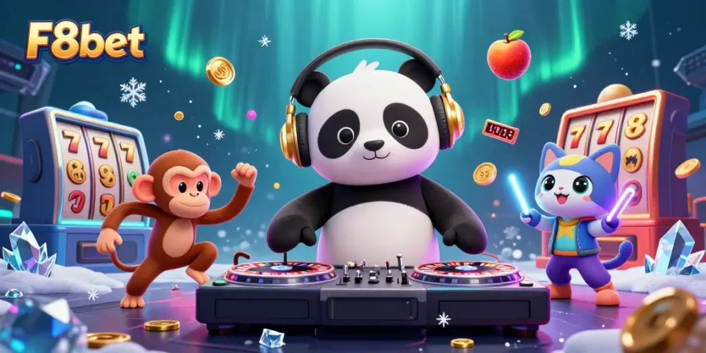 Experience thrilling gaming at F8bet with a DJ panda and vibrant casino elements.
