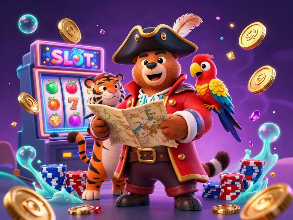 Engage with slots as golden coins, vibrant poker chips, and a 3D pirate bear captivate in this dynamic casino scene.
